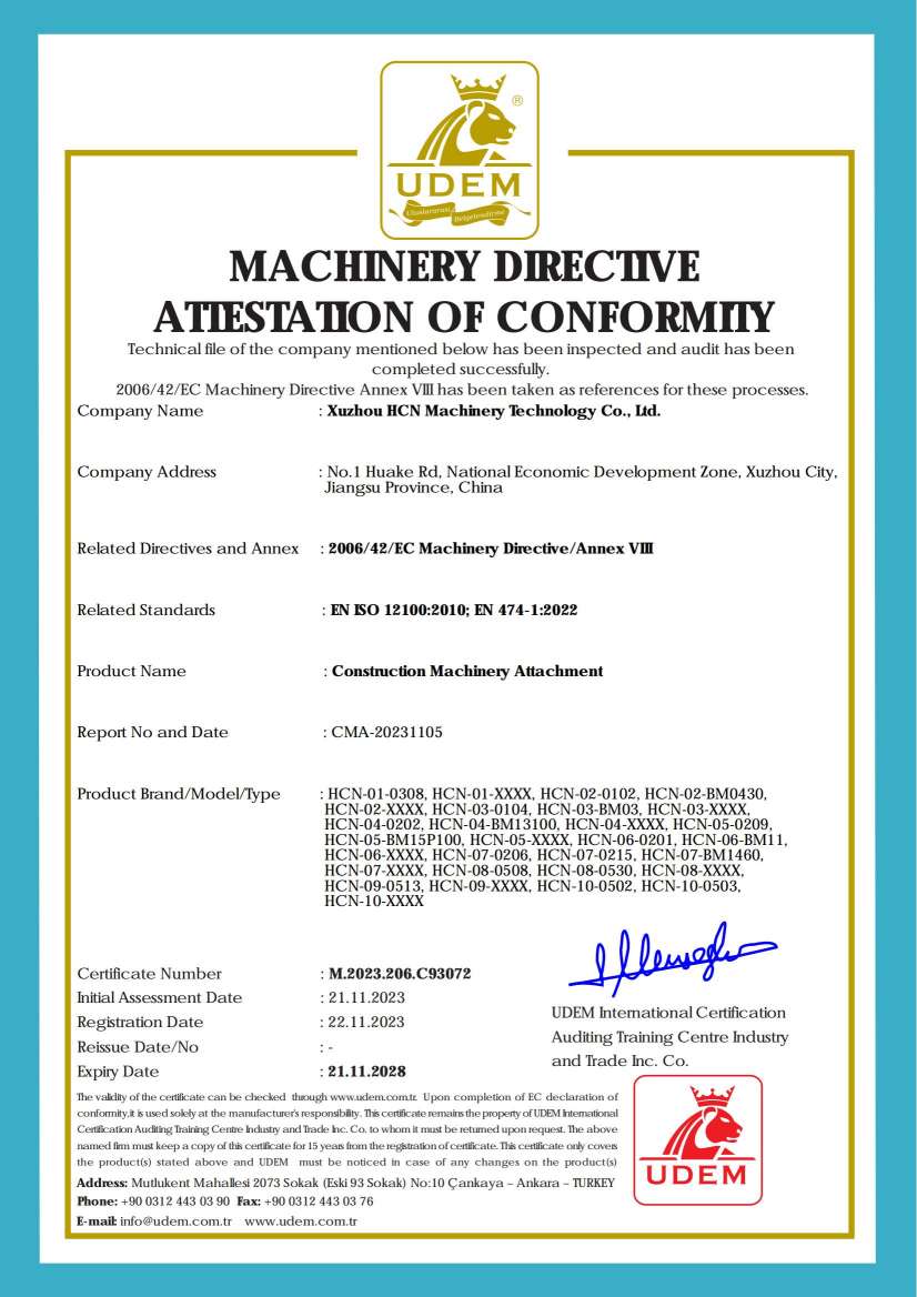 CE Machinery Directive Attestation of Conformity — Construction Machinery Attachments