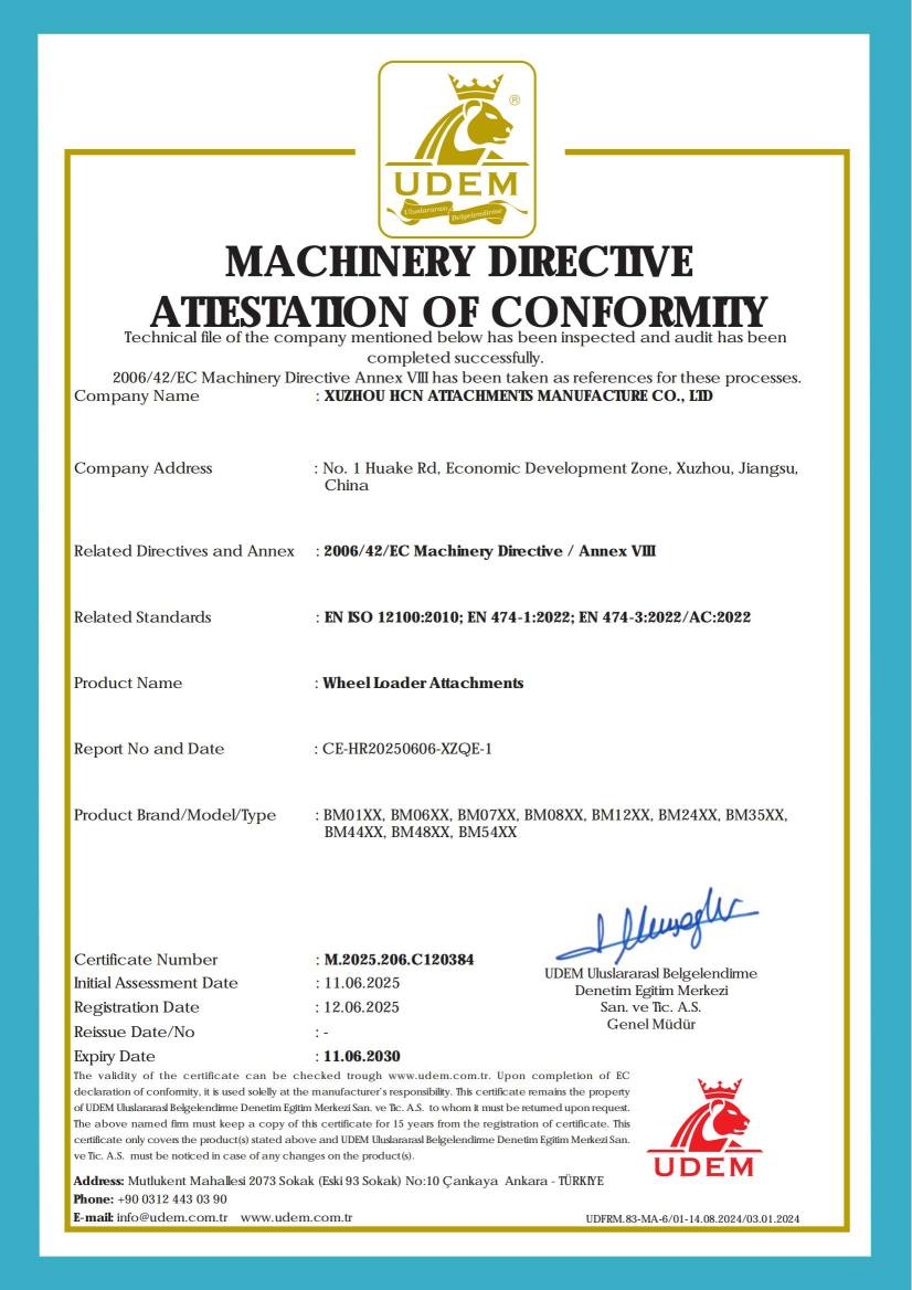 CE Machinery Directive Attestation of Conformity — Wheel Loader Attachments