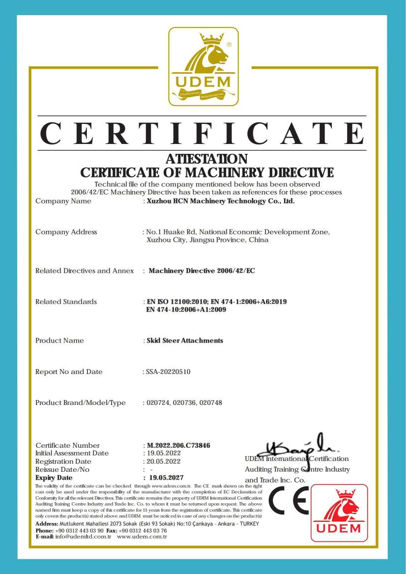 CE Machinery Directive Attestation of Conformity — Engineering Machinery Attachments
